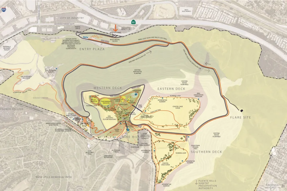 Bird's eye schematic of Puente Hills Landfill Park redevelopment project.